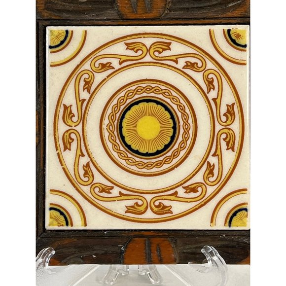 Mexican Tile Trivet Hand Carved Wood Frame With Feet 70s Plant Stand Bohemian - Picture 2 of 8